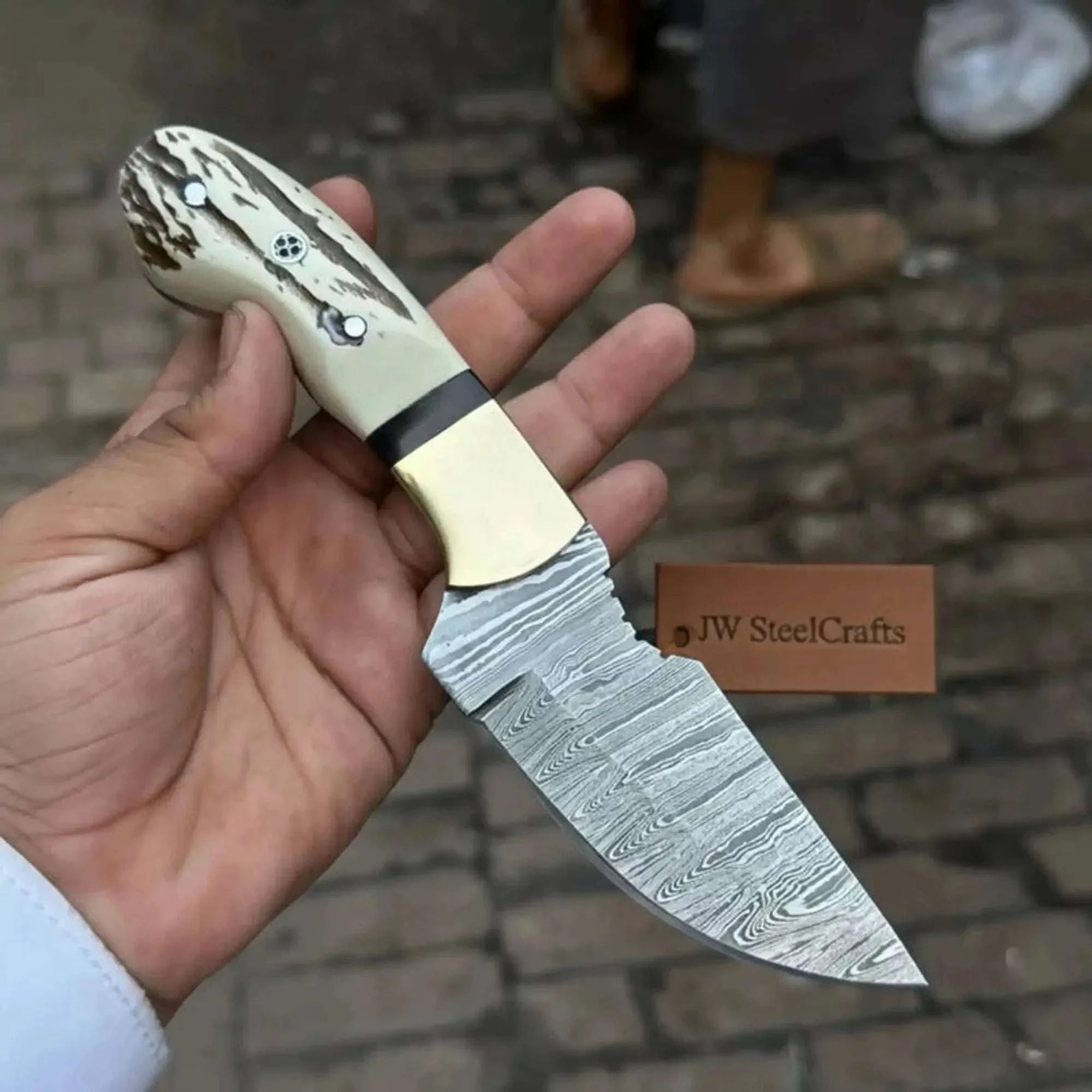 Palmarius Outdoors Premium Hunting Knife 4” Damascus Steel Fixed Blade Synthetic Stag Handle Straight Back 
