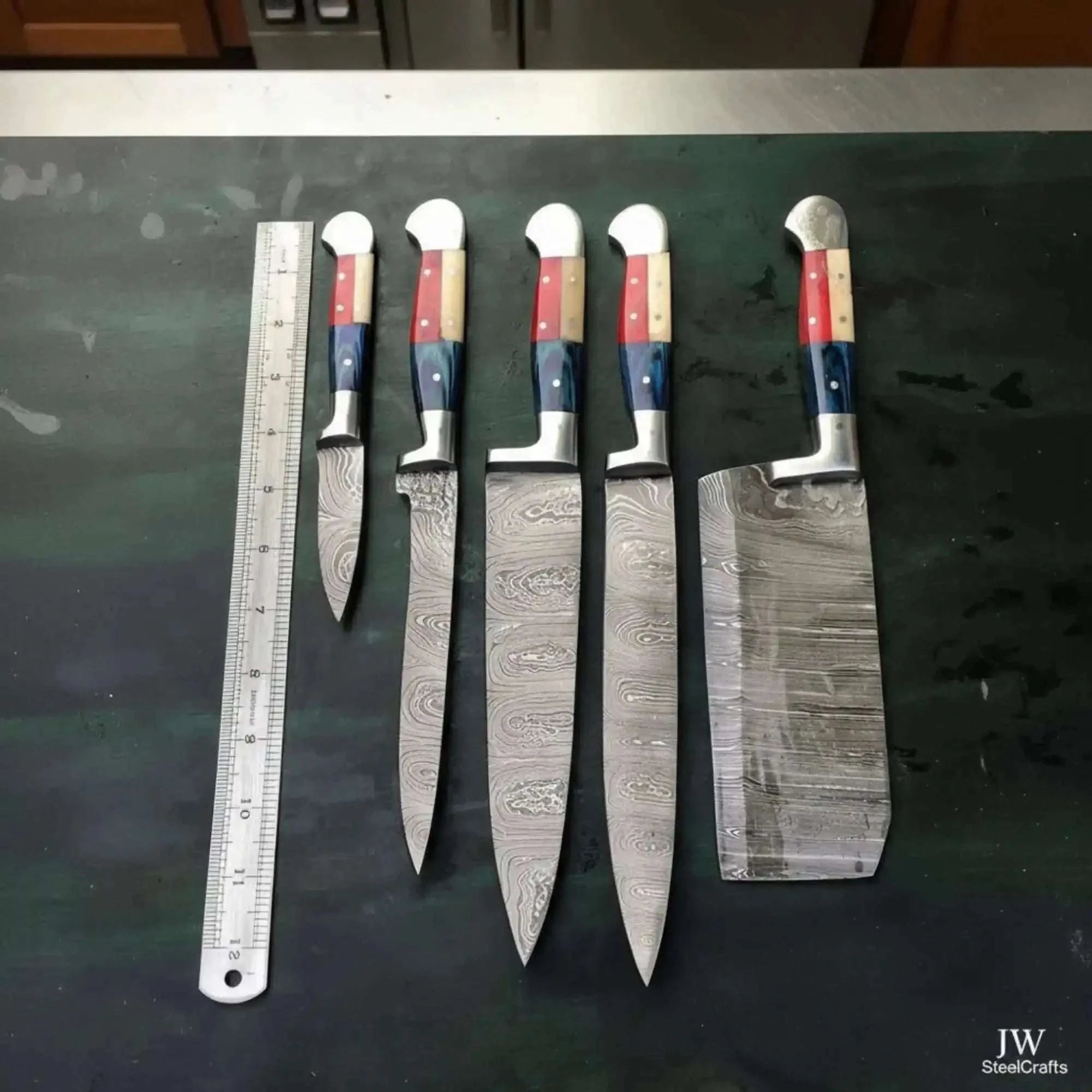 Palmarius Outdoors Texas Flag Handle Damascus 5-Piece Knife Set with Leather Kit Handmade Chef Knife Sets