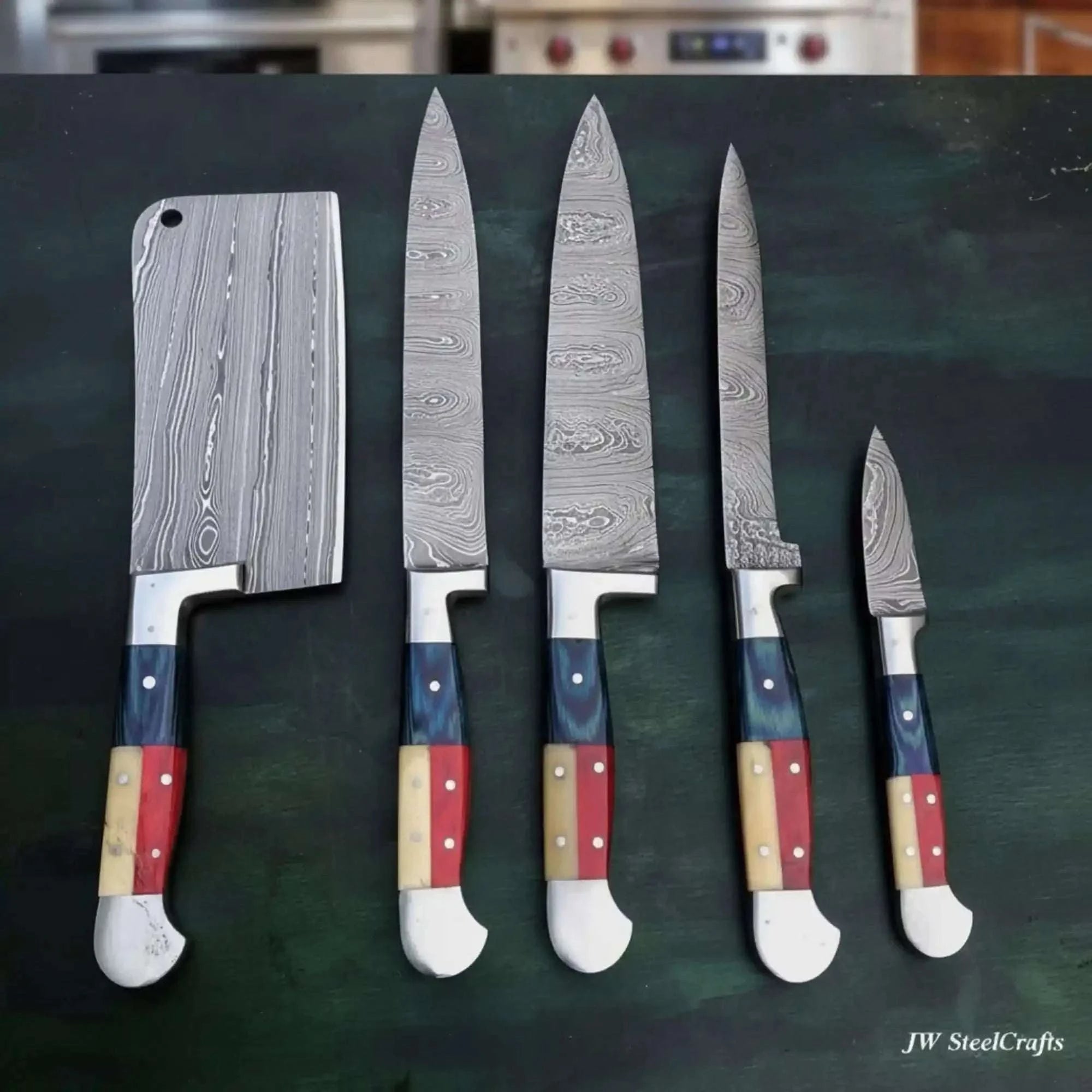 Palmarius Outdoors Texas Flag Handle Damascus 5-Piece Knife Set with Leather Kit Handmade Chef Knife Sets
