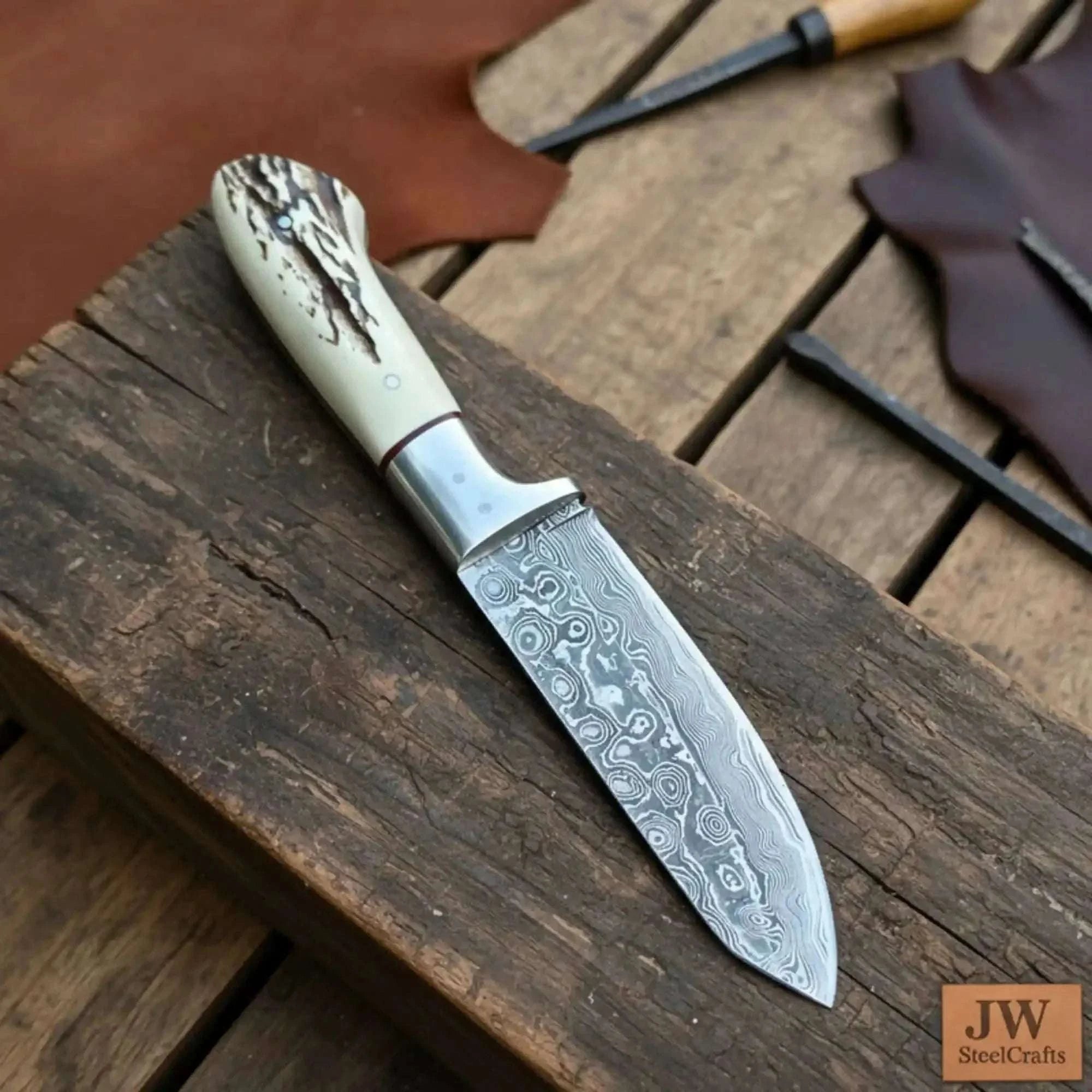 Palmarius Outdoors Damascus Leaf Shape Knife Traditional Synthetic Stag Handle Utility Tool 