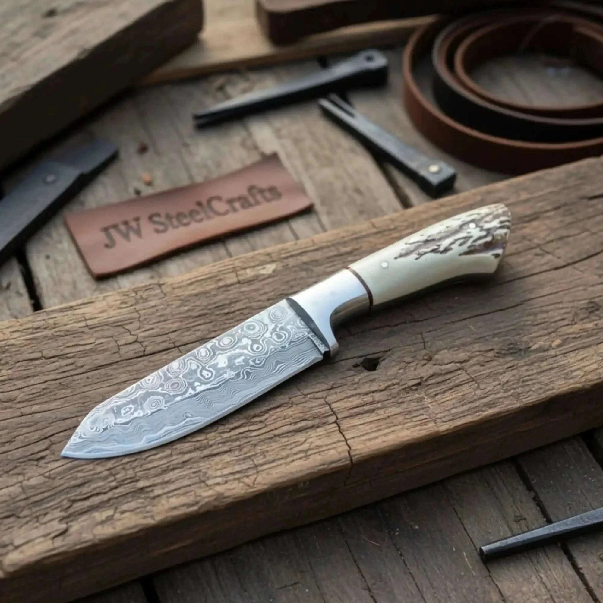 Palmarius Outdoors Damascus Leaf Shape Knife Traditional Synthetic Stag Handle Utility Tool 