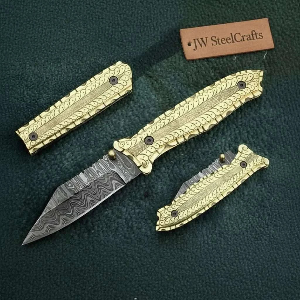 Palmarius Outdoors Hand-Engraved Damascus Folding Knife with Brass Handle & Leather Sheath Liner Lock Folder