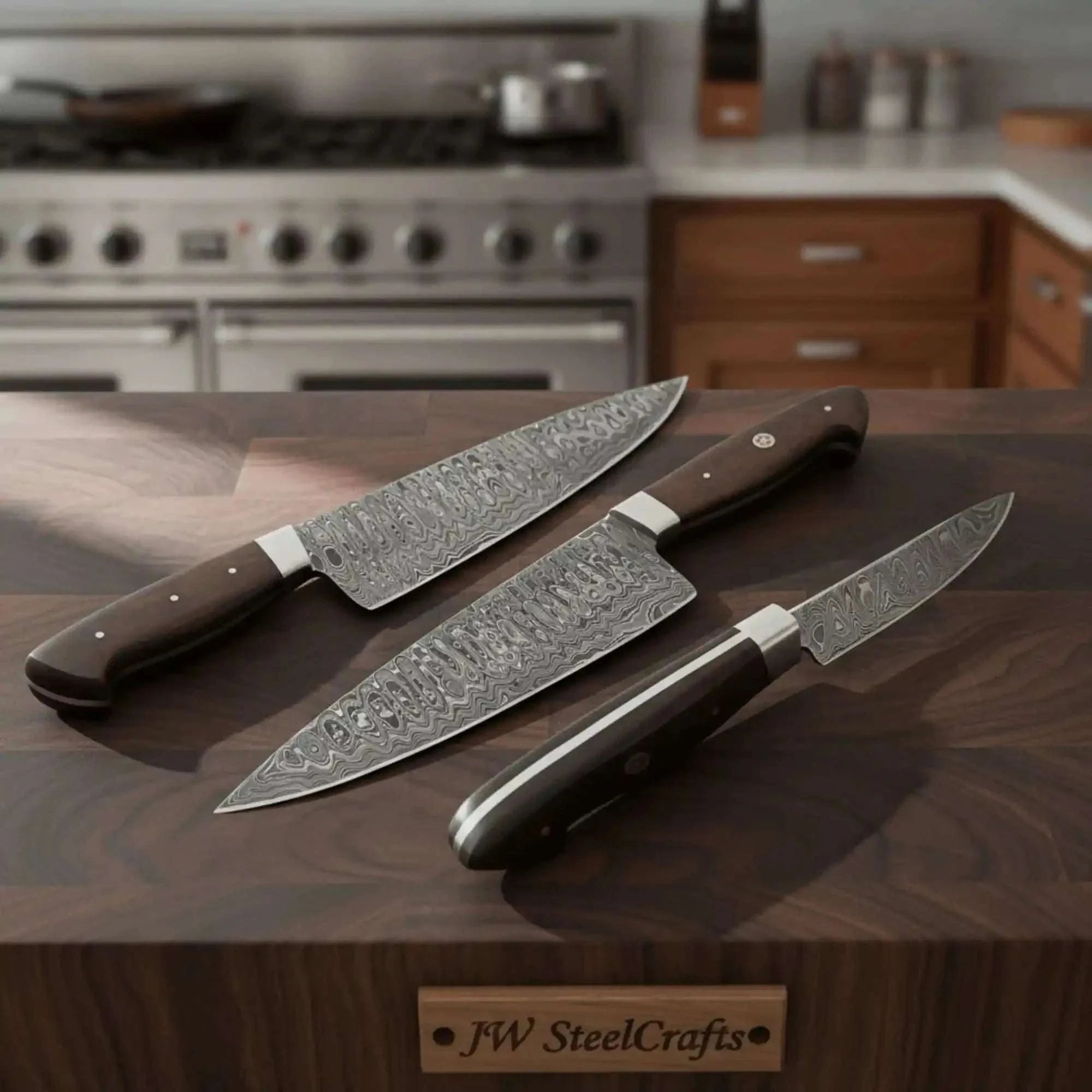 Palmarius Outdoors 12" Ladder Damascus Gyuto Chef Knife — 7" Blade, Red Micarta Handle with Mosaic Pin | JW SteelCrafts Damascus Steel Chef Knives