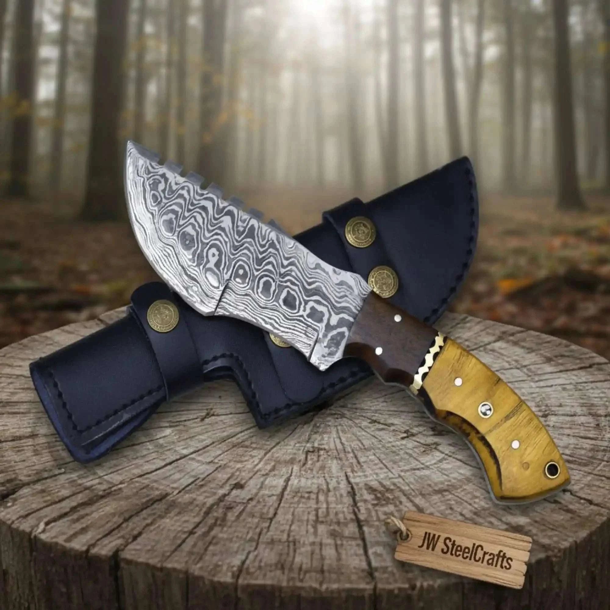 Palmarius Outdoors tracker knife Custom, 10", DAMASCUS KNIFE, Damascus steel knife, hunting, exotic Yellow Heart & Walnut wood handle, leather sheath Handmade Tracker Knives
