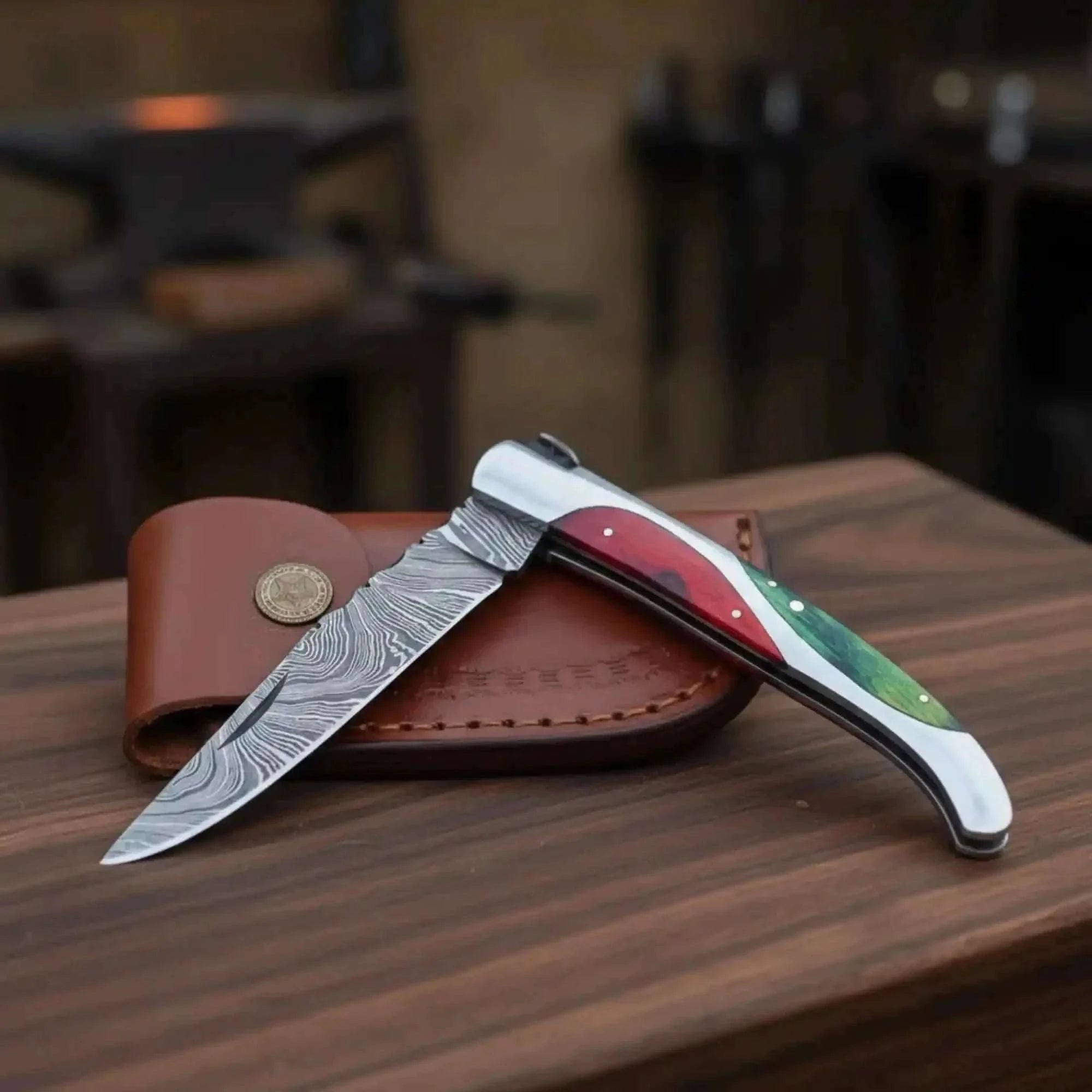 Palmarius Outdoors Traditional Slipjoint Folding Pocket Knife Damascus Steel 3.5 Inch Blade EDC with Leather Pouch 