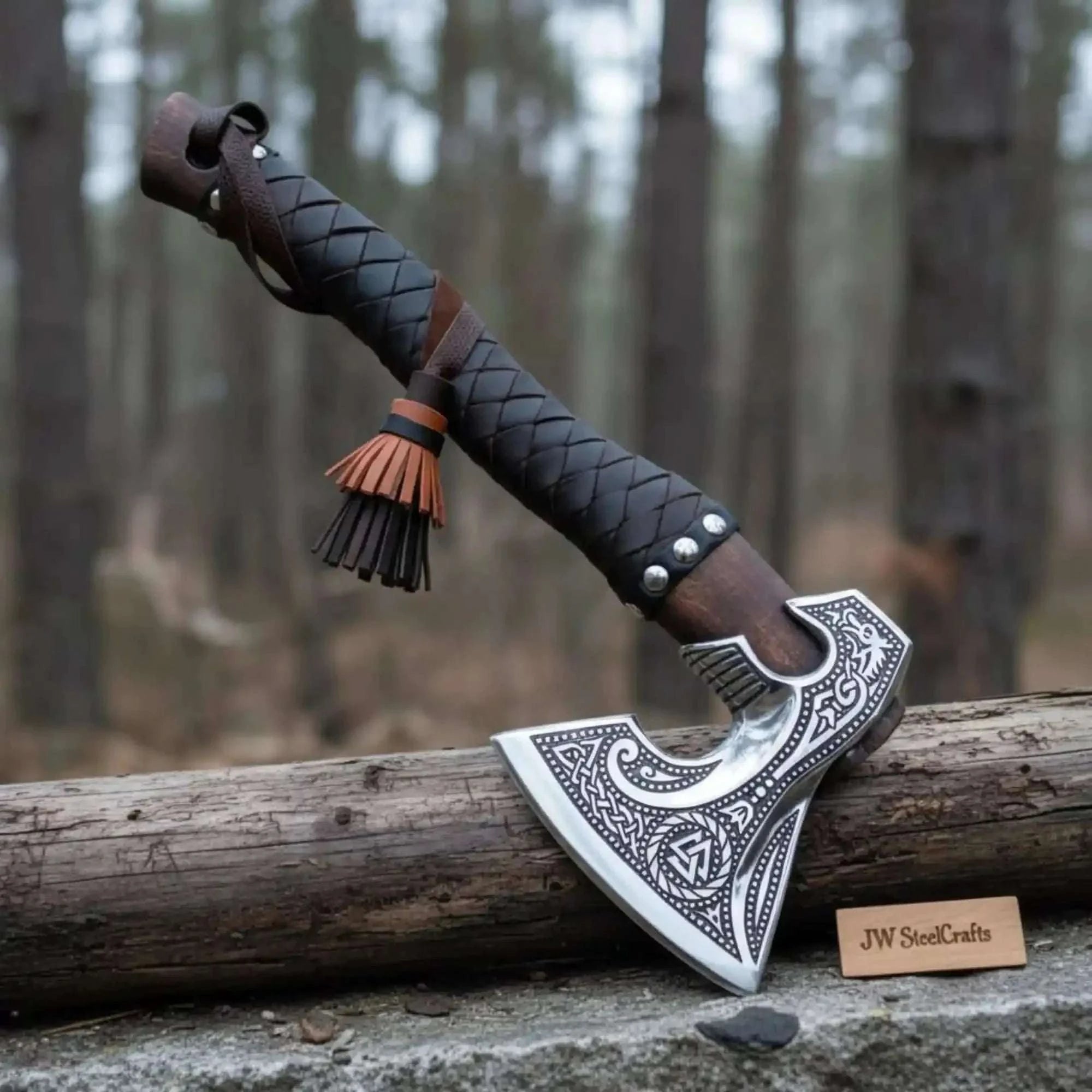 Palmarius Outdoors Norse Engraved Camp Hatchet with Leather Wrapped Handle and Belt Sheath | JW SteelCrafts Handmade Axe