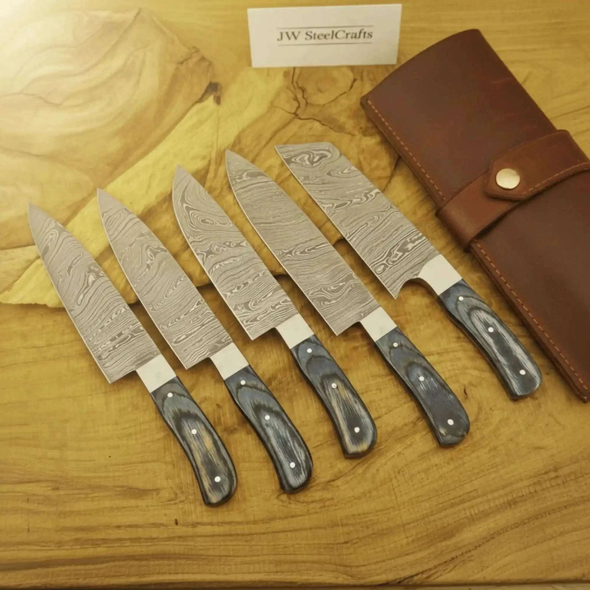 Palmarius Outdoors 5-Piece Damascus Japanese-Style Knife Set — Chef, Santoku, Utility, Nakiri, Paring Blades Handmade Chef Knife Sets