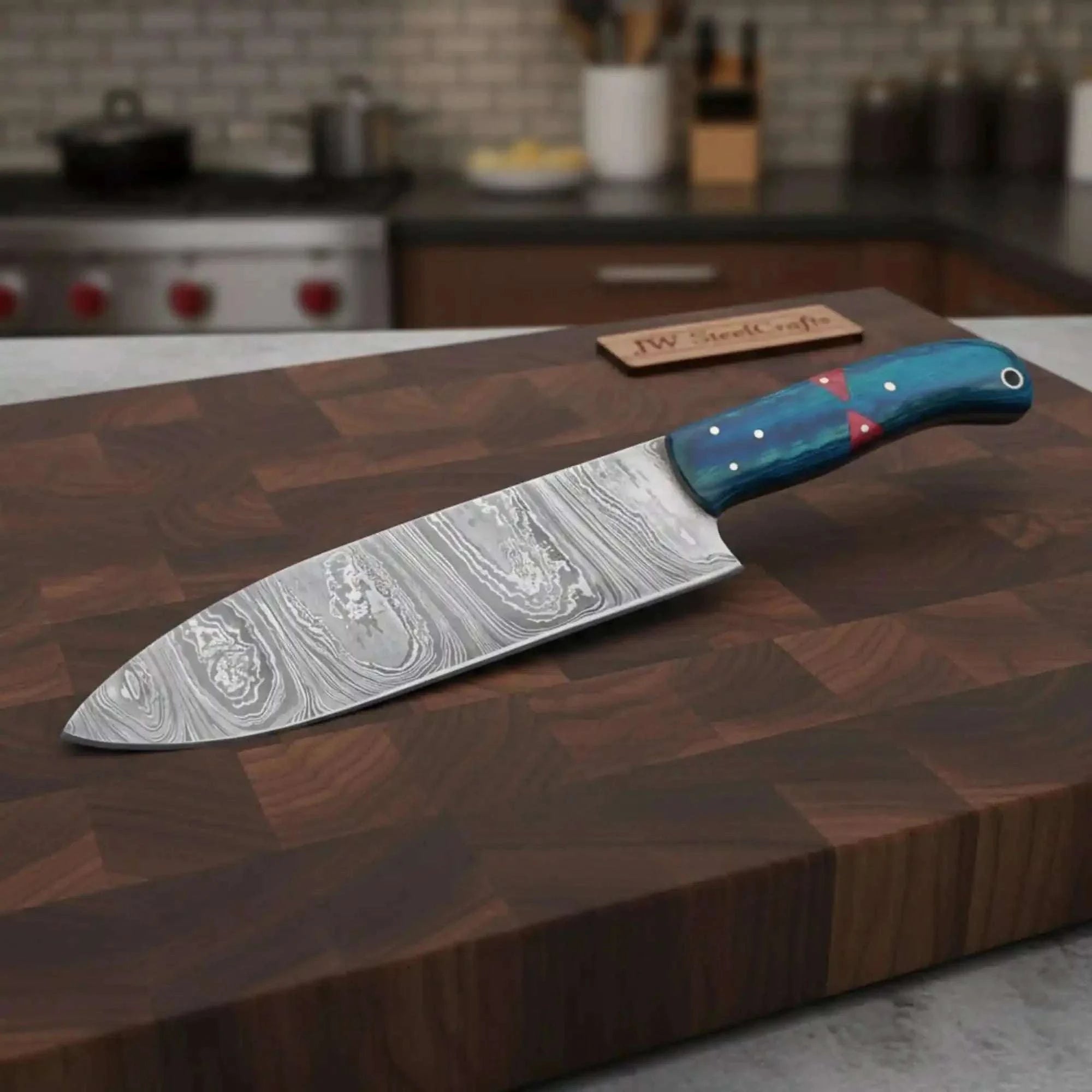 Palmarius Outdoors 8-Inch Gyuto Chef Knife Twisted Damascus Blade with Blue & Red Pakka Wood Handle (Full Tang, Hand-Forged) Damascus Steel Chef Knives