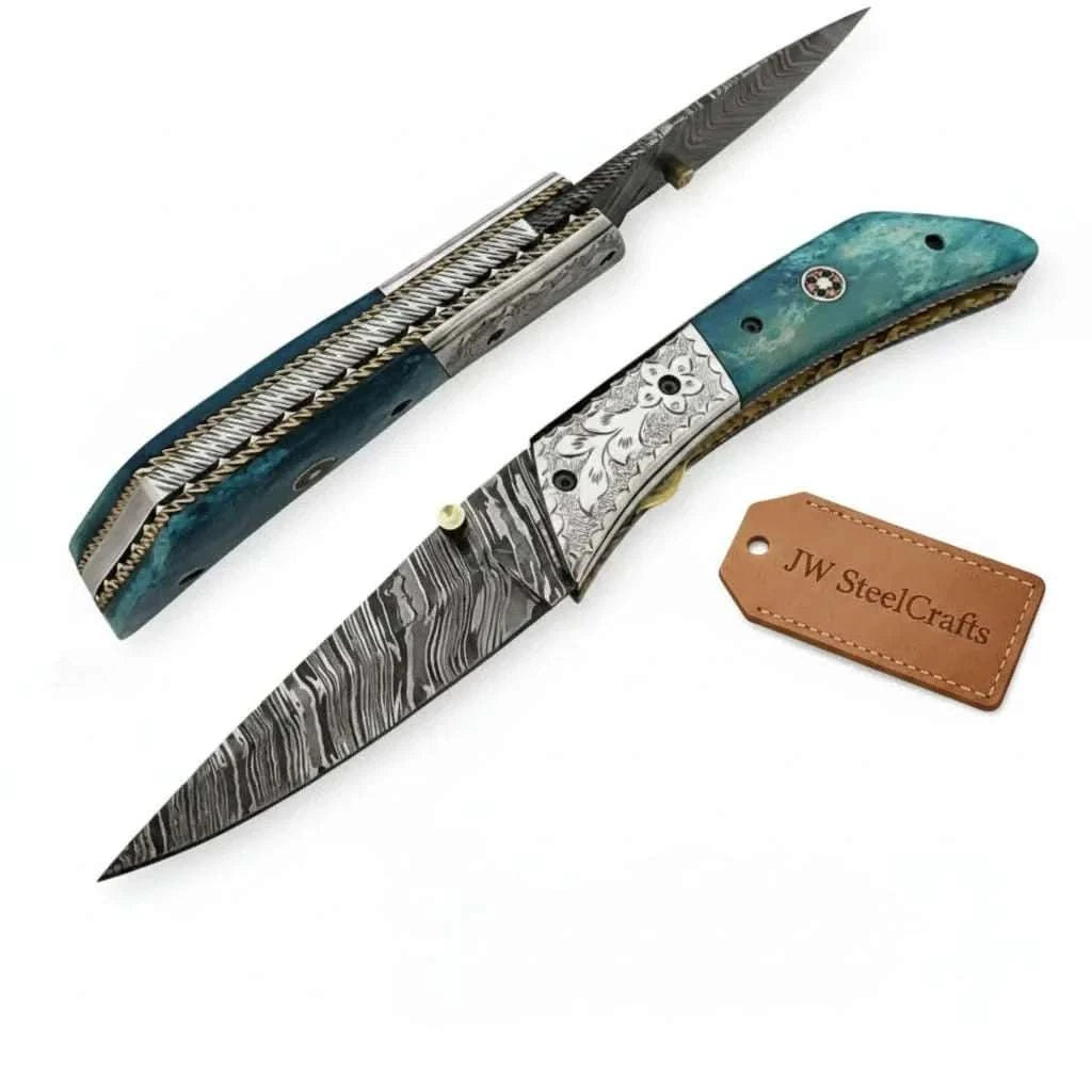 Palmarius Outdoors Handmade Damascus Steel Folding Knife with Teal Wood Handle & Engraved Bolster Liner Lock Folder