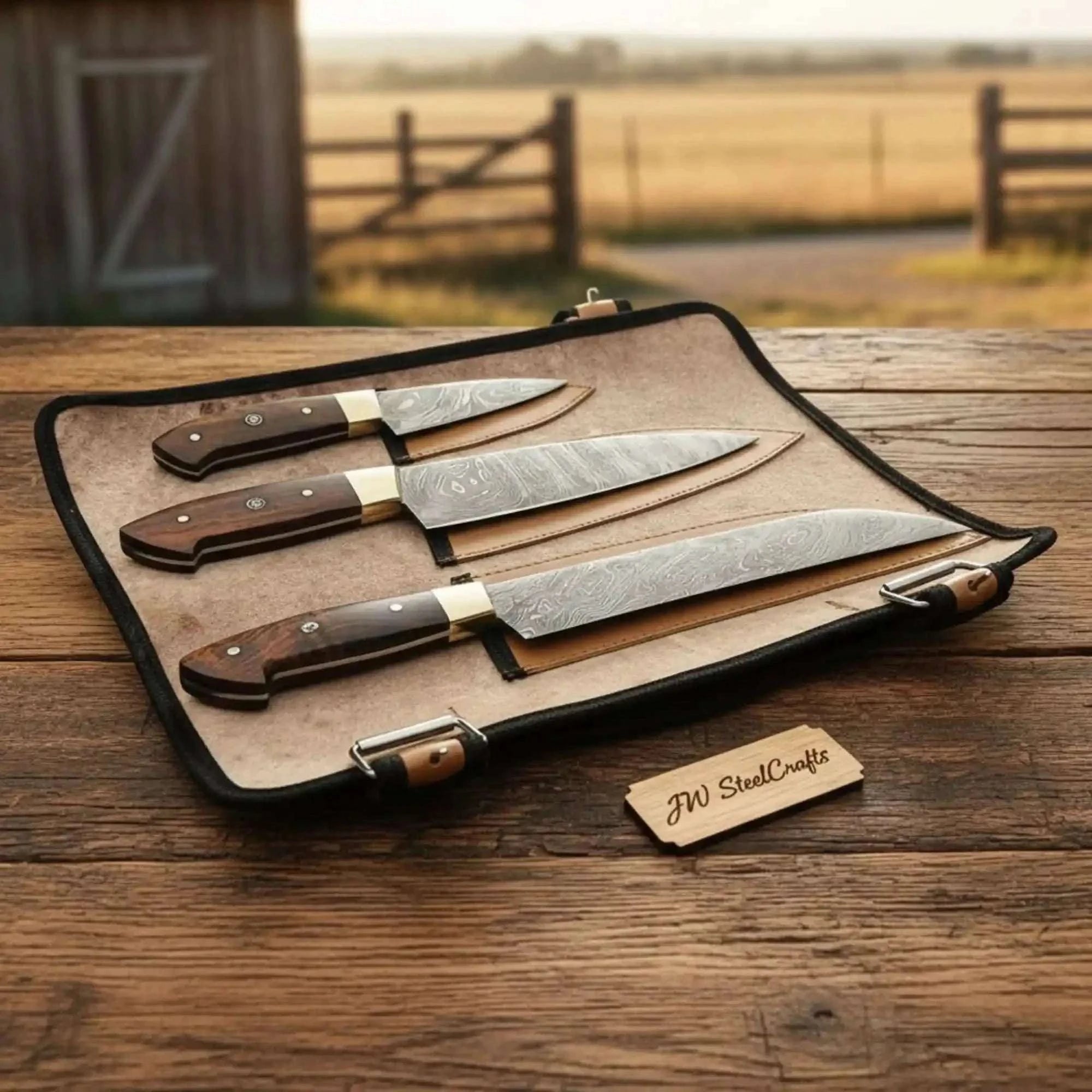 Palmarius Outdoors 3-Piece Twisted Damascus Cooks Knife Set with Brown Pakka Wood Handles Handmade Chef Knife Sets