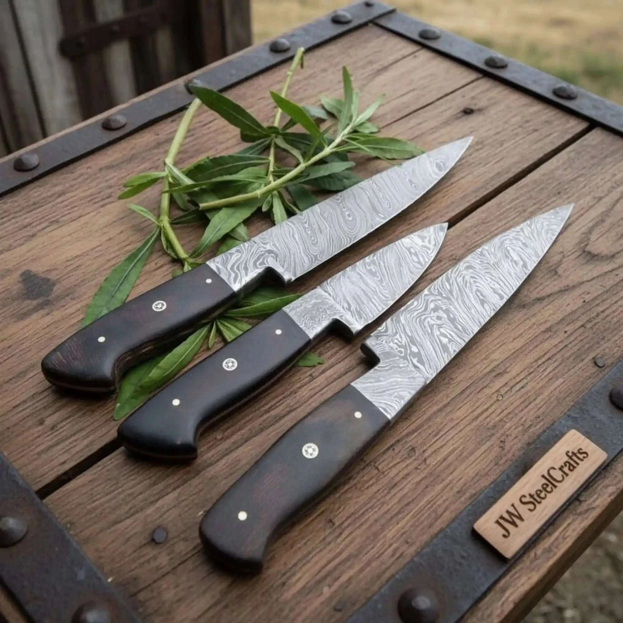 Palmarius Outdoors 3-Piece Twisted Damascus Knife Set with Black Micarta Handles Handmade Chef Knife Sets