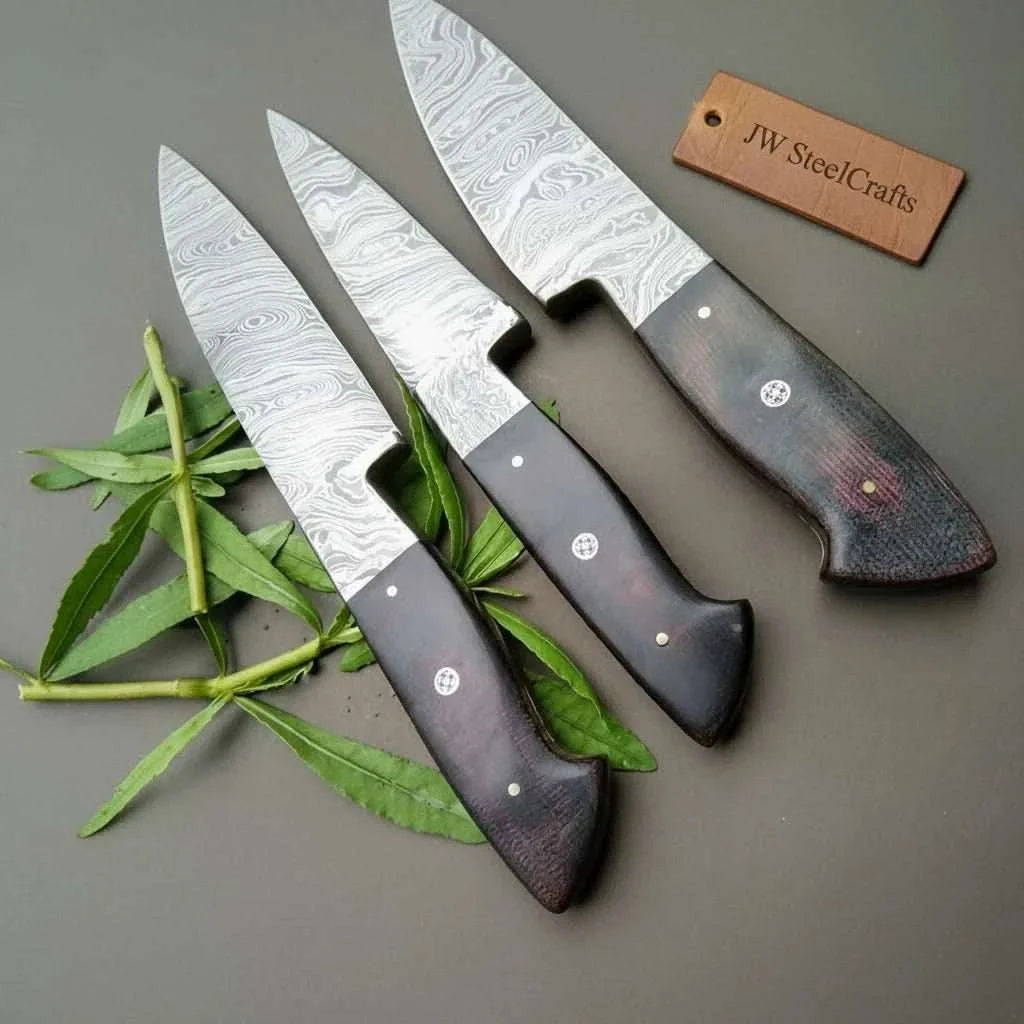 Palmarius Outdoors 3-Piece Twisted Damascus Knife Set with Black Micarta Handles Handmade Chef Knife Sets