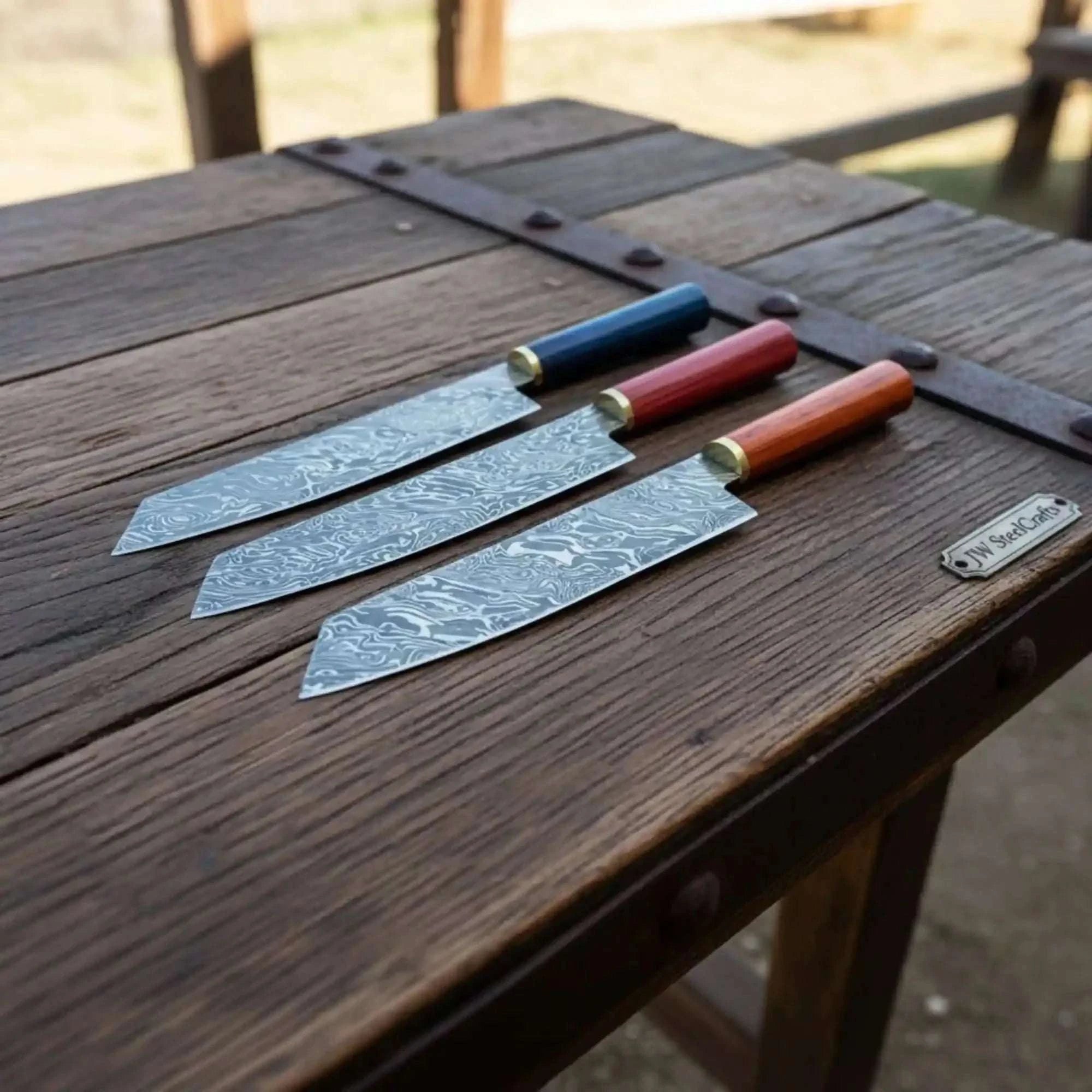 Palmarius Outdoors 3-Piece Twisted Damascus Knife Set Multicolor Pakka Wood Handles Handmade Chef Knife Sets