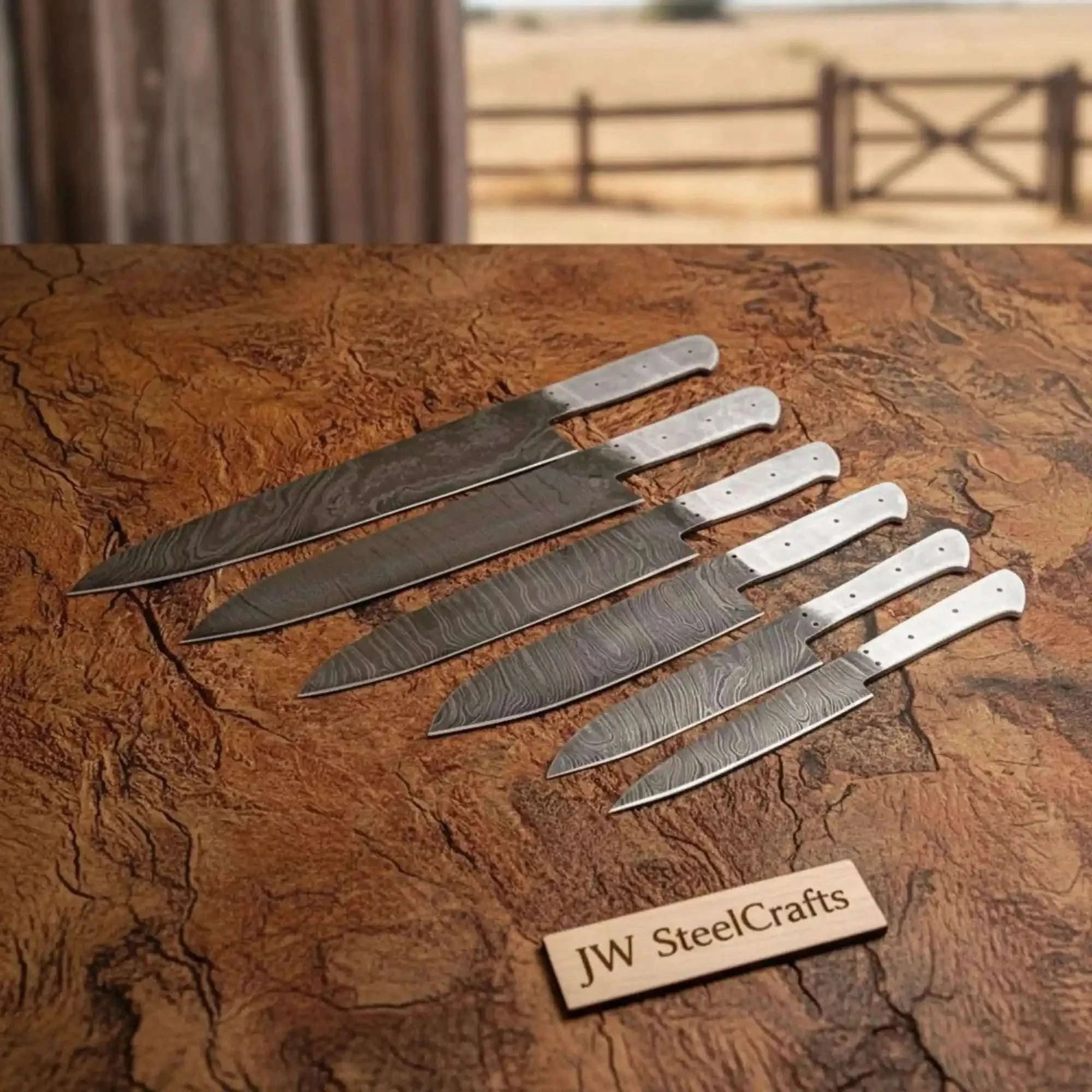 Palmarius Outdoors 6-Piece Damascus Steel Blade Blank Set — 8 to 14 Inch Knife Making Blanks with Full Tang | JW Steel Crafts Knife blank Blades
