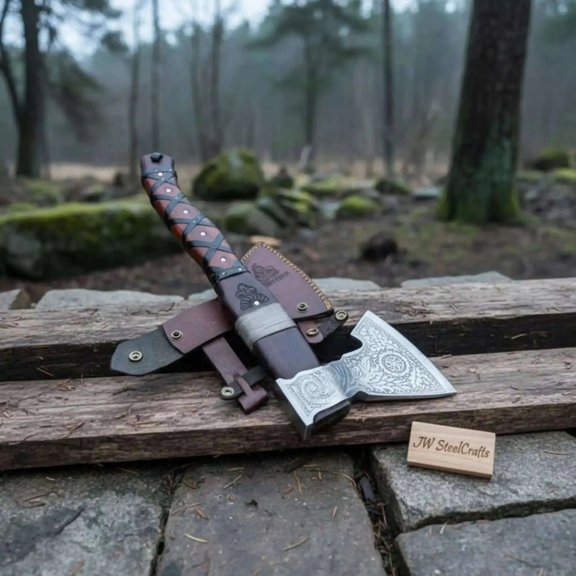 Palmarius Outdoors Viking Bearded Axe with Norse Engraved Blade and Leather Sheath Handmade Axe
