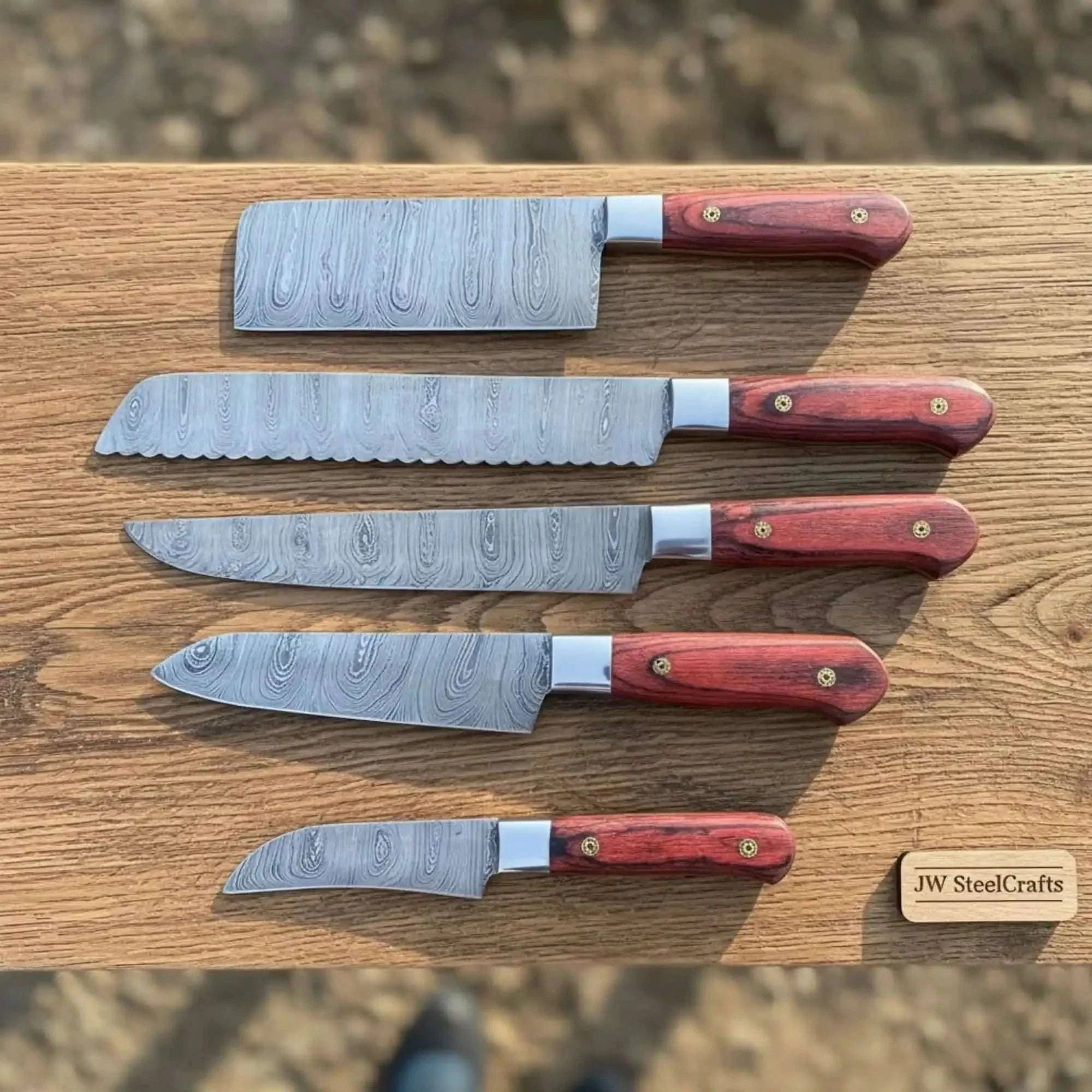 Palmarius Outdoors 10" Chinese Cleaver & 13" Carving Knife Set — Twisted Damascus Steel with Red Pakka Wood Handles | JW SteelCrafts Handmade Chef Knife Sets