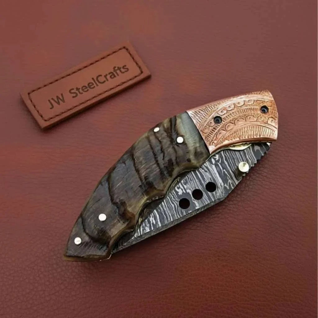 Palmarius Outdoors Handmade Damascus Steel Folding Knife with Engraved Metal Handle – Premium EDC Pocket Knife Liner Lock Folder