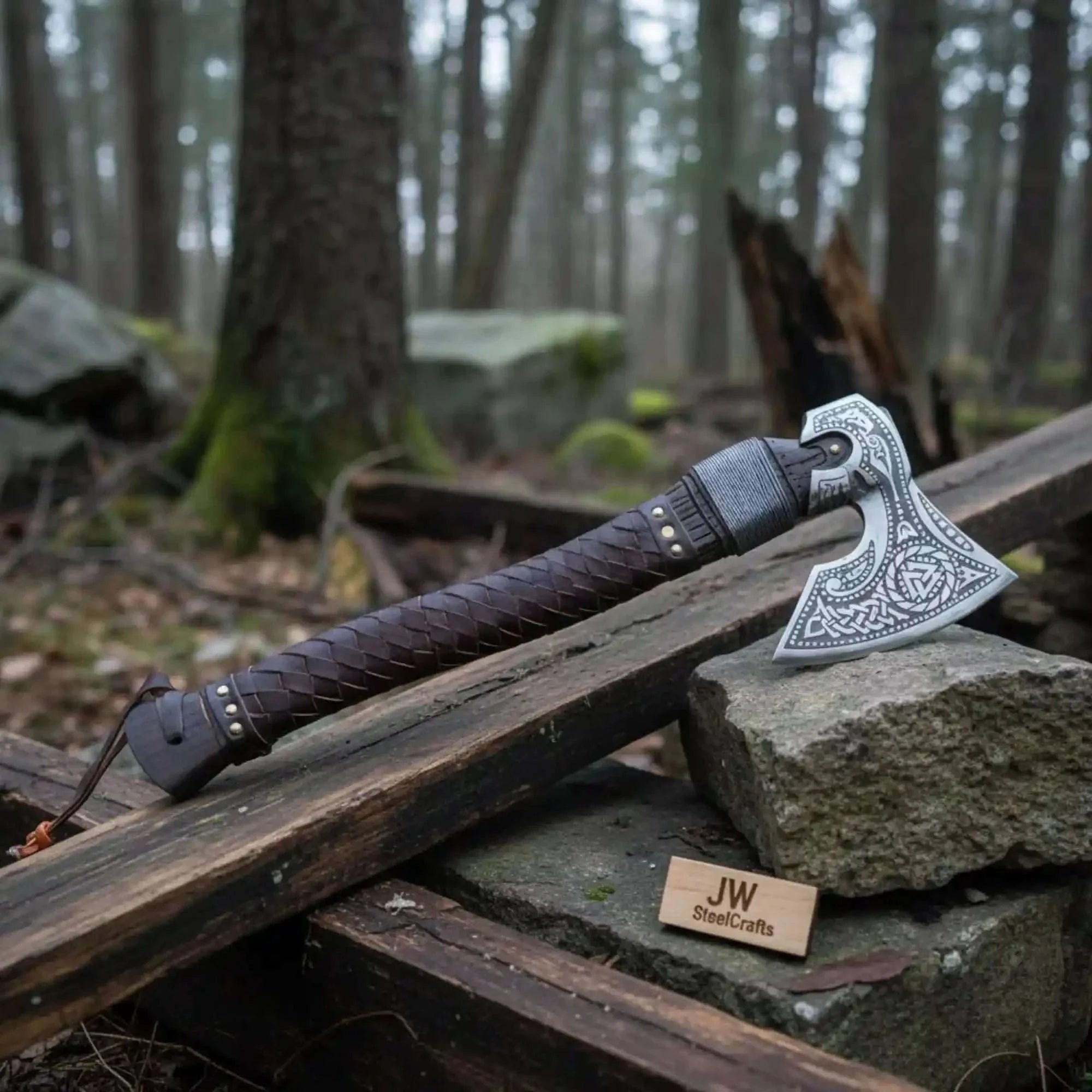 Palmarius Outdoors Engraved Norse Valknut Hatchet with Braided Leather Handle Handmade Axe