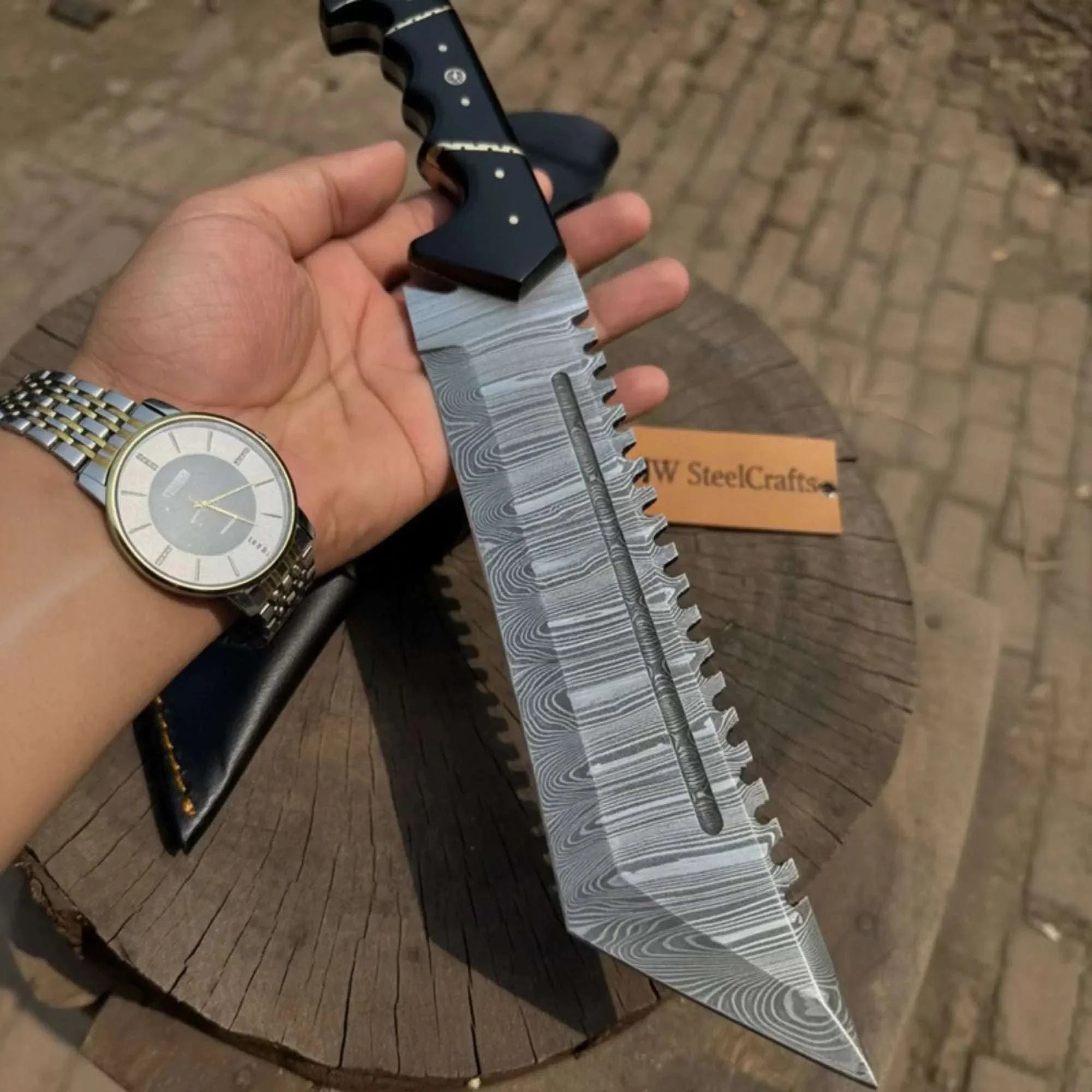 Palmarius Outdoors Handmade Damascus Tracker Knife 12” Sawback Blade Survival Knife Black resin Handle & Sheath 