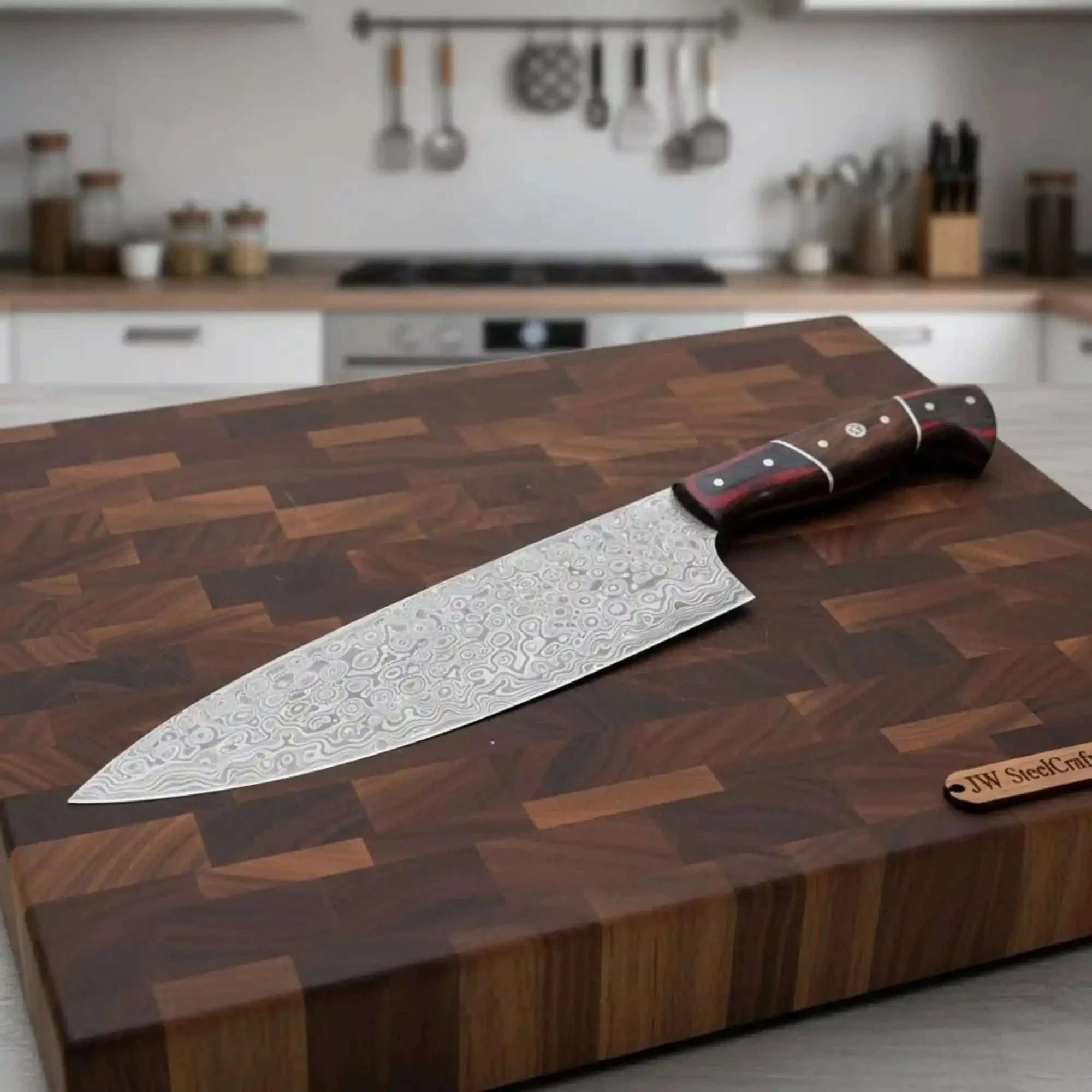 Palmarius Outdoors Handcrafted Damascus Kiritsuke Chef Knife – Raindrop Pattern Blade, Red Pakka Wood & Rosewood Handle, Mosaic Pins Damascus Steel Chef Knives