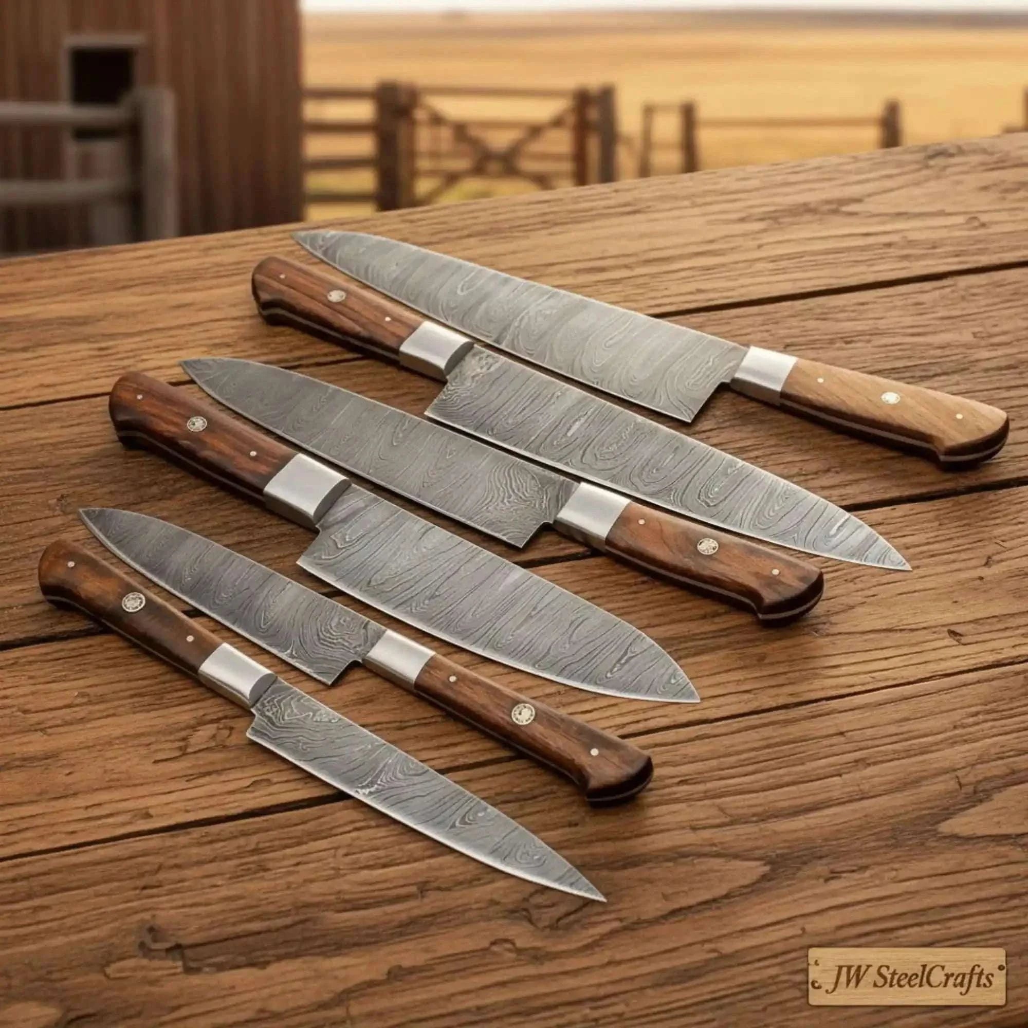 Palmarius Outdoors 6-Piece Damascus Kitchen Knife Set — Gyuto, Slicer, Santoku & Rosewood Handles | JW SteelCrafts Handmade Chef Knife Sets