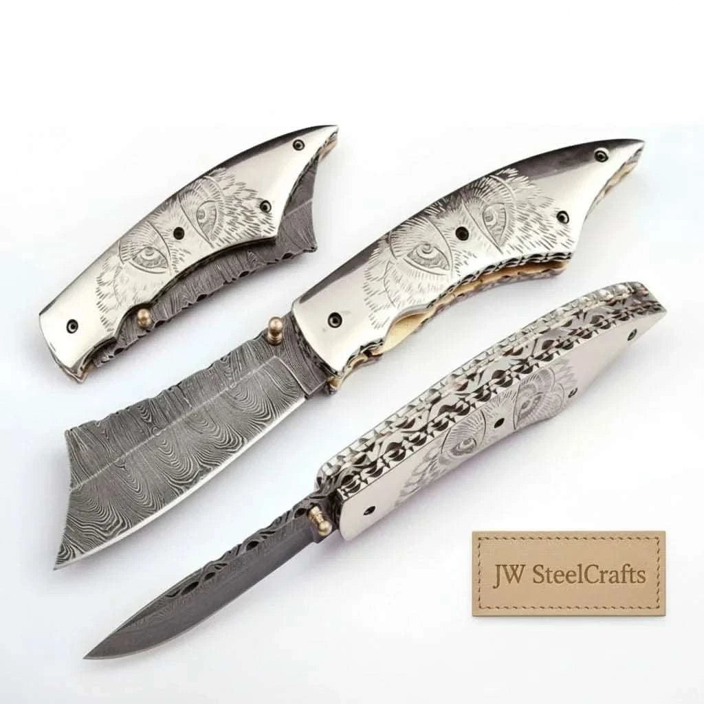 Palmarius Outdoors Hand Engraved Damascus Folding Knife with Skull Design & Brass Liners – Collector Pocket Knife Liner Lock Folder