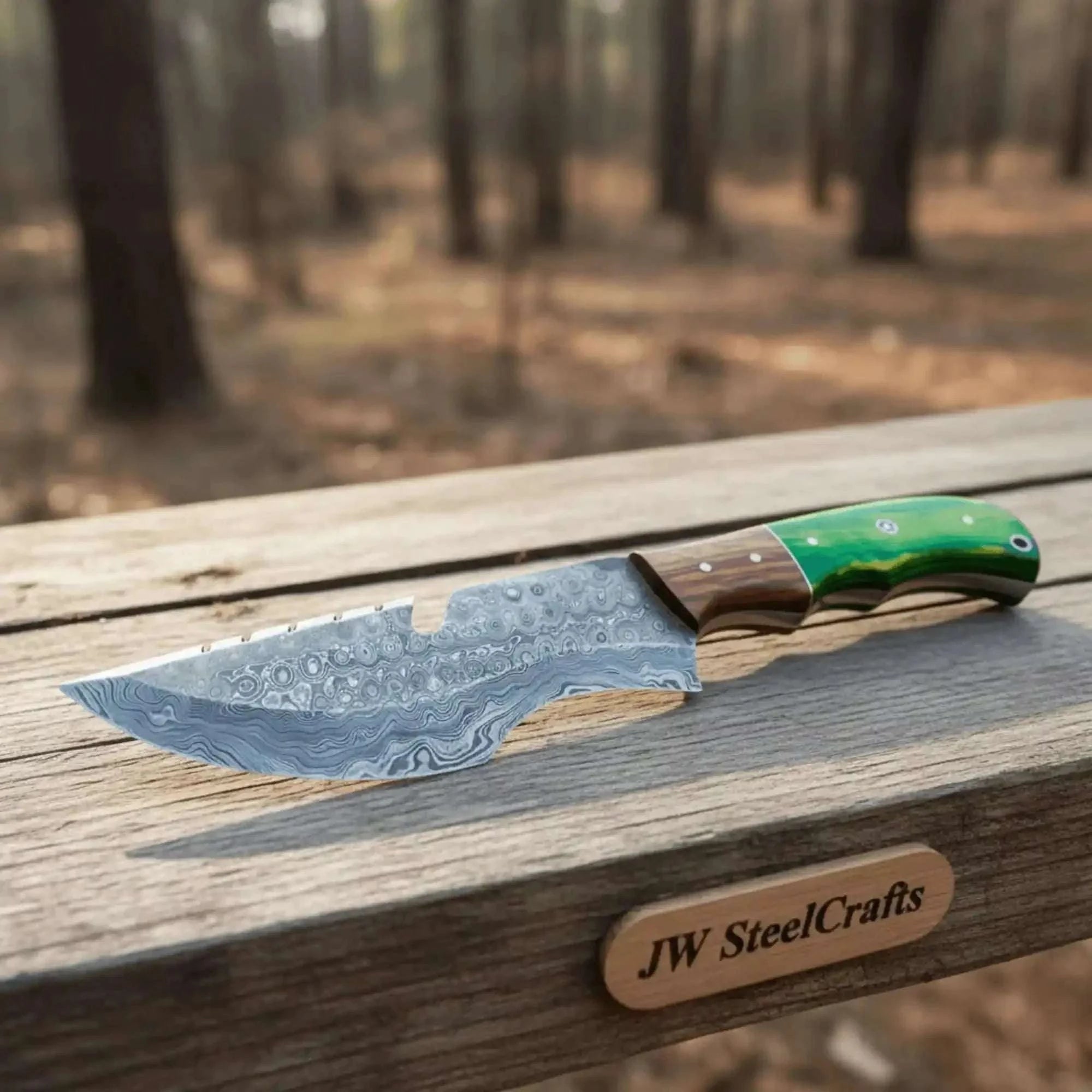 Palmarius Outdoors Handmade Damascus Tracker Knife 10 Inch with Green Pakka Wood and Rosewood Handle Handmade Tracker Knives