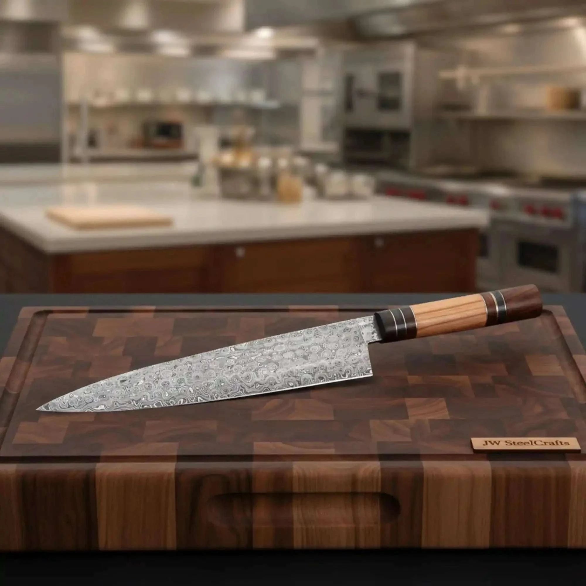 Palmarius Outdoors 13" Raindrop Damascus Kiritsuke Chef Knife — 8" Blade with Olive Wood & Rosewood Handle Damascus Steel Chef Knives