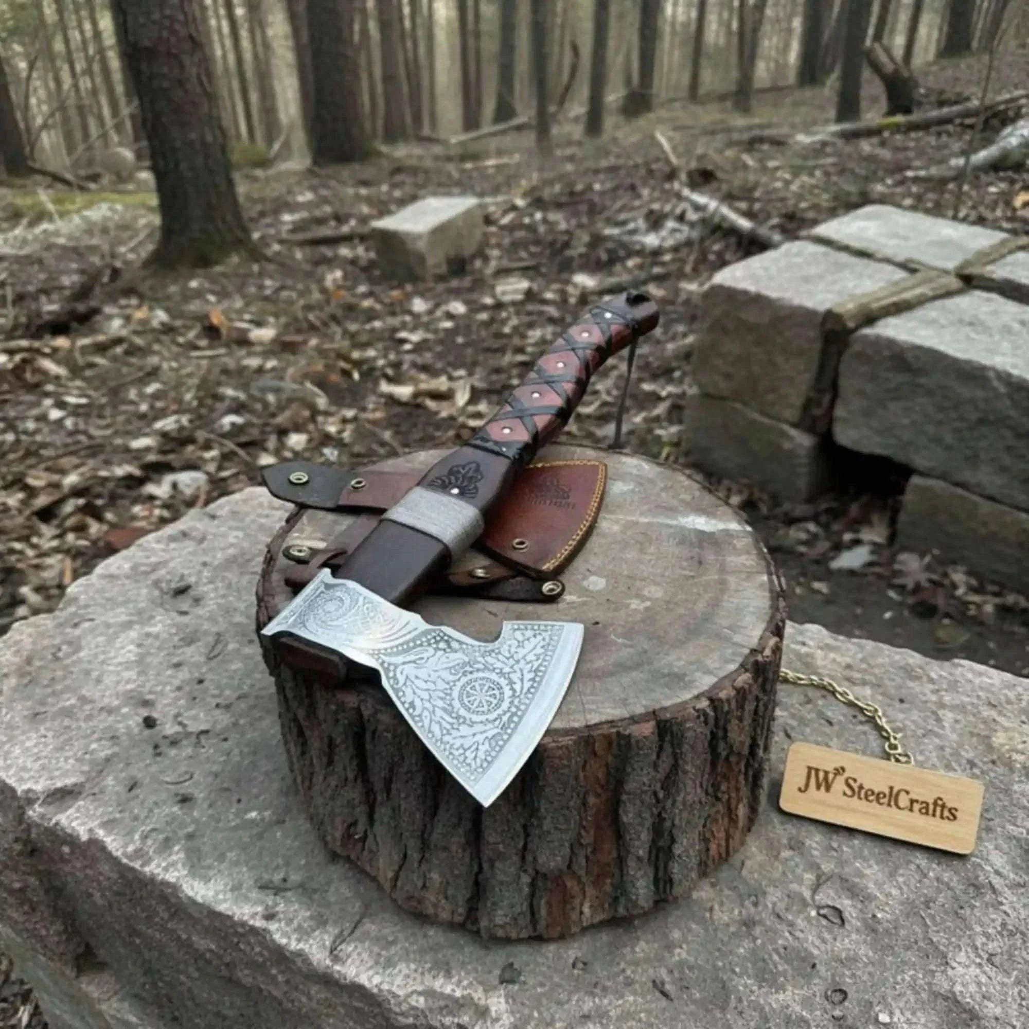 Palmarius Outdoors Viking Bearded Axe with Norse Engraved Blade and Leather Sheath Handmade Axe