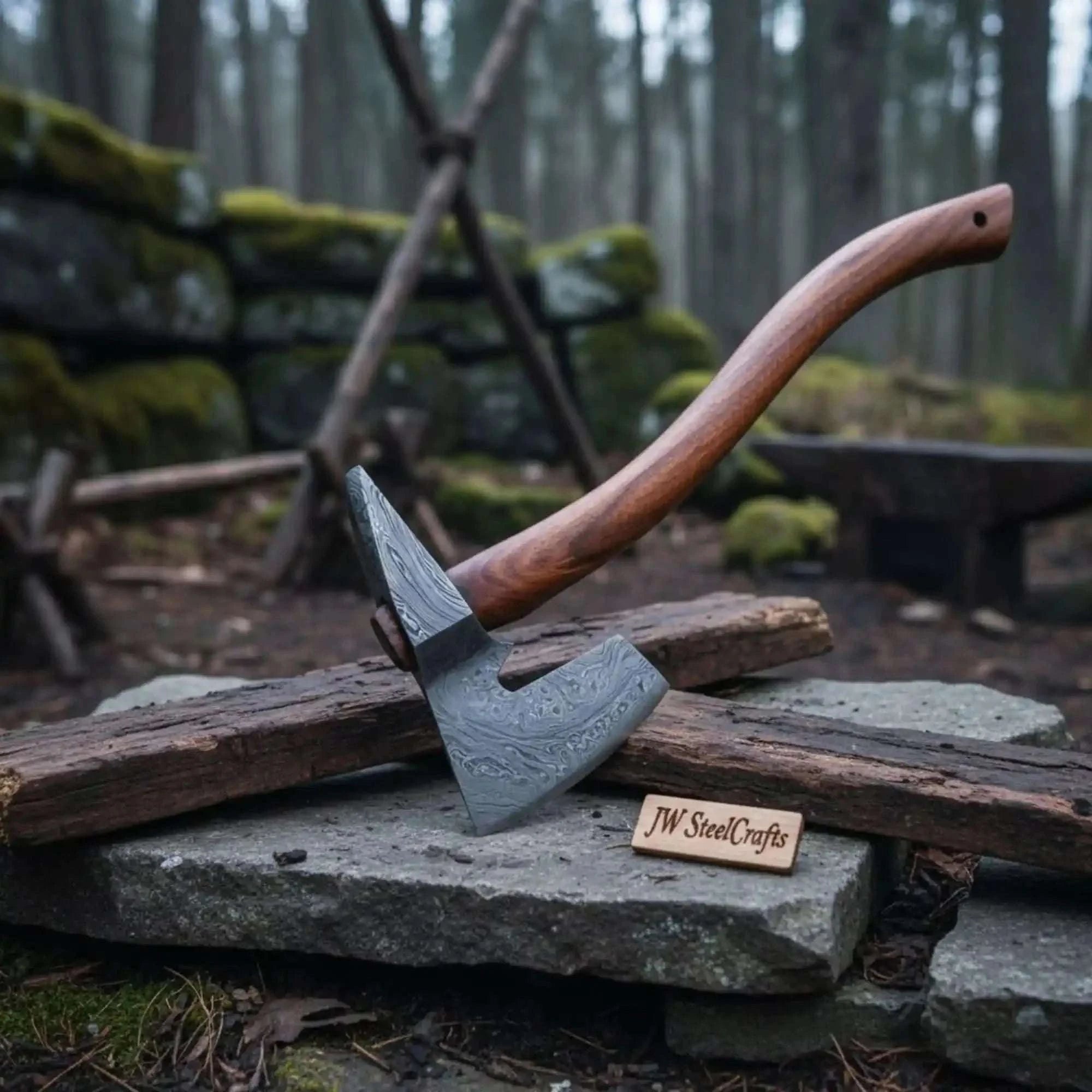 Palmarius Outdoors Arrowfen Bearded Spike Axe with Wood Grain Damascus Steel Head Handmade Axe