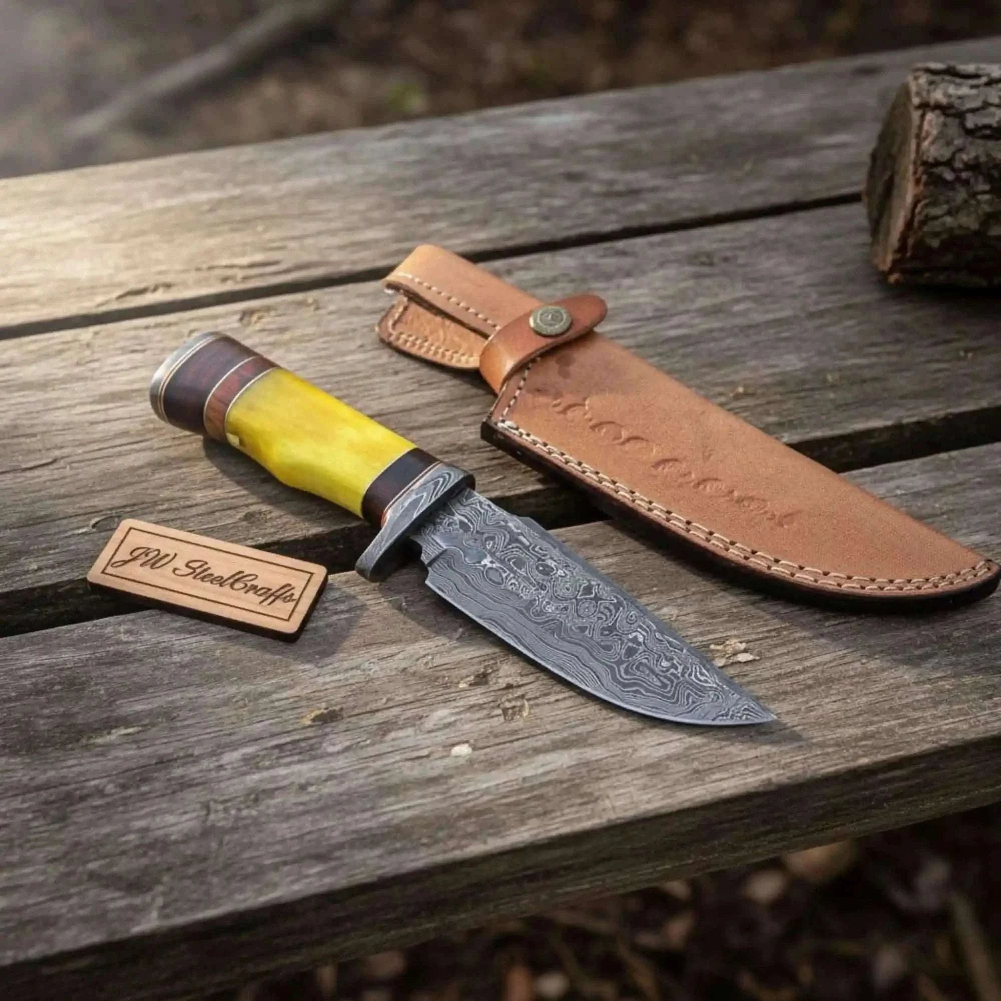 Palmarius Outdoors Frontier Clip Point Bowie Knife, Forged Damascus Steel with Colored Bone & Wood Spacer Handle Frontier Bowie Knives