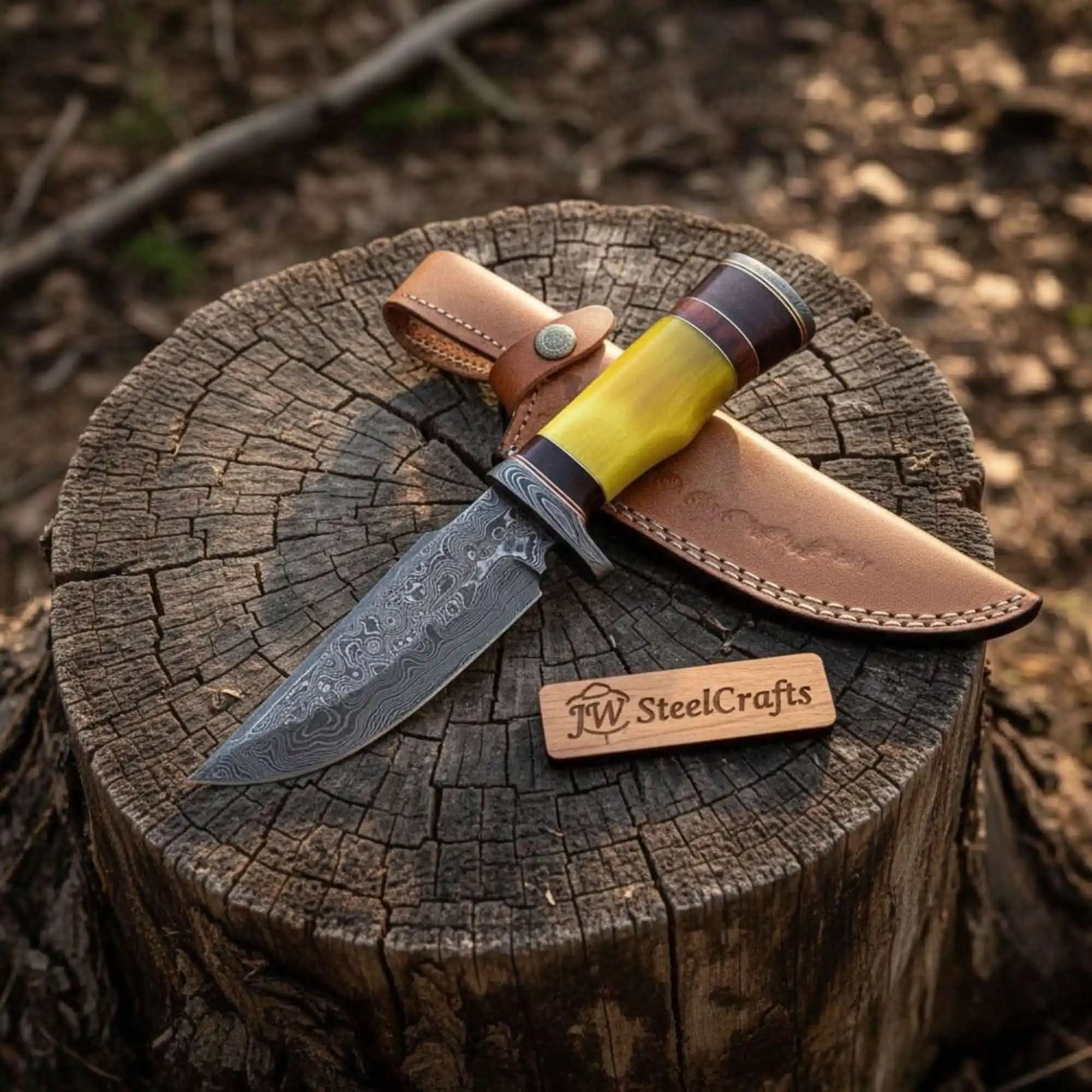 Palmarius Outdoors Handmade Hunter Clip Point Bowie Knife Damascus Steel Yellow Handle JW SteelCrafts Clip Point Bowie Knives