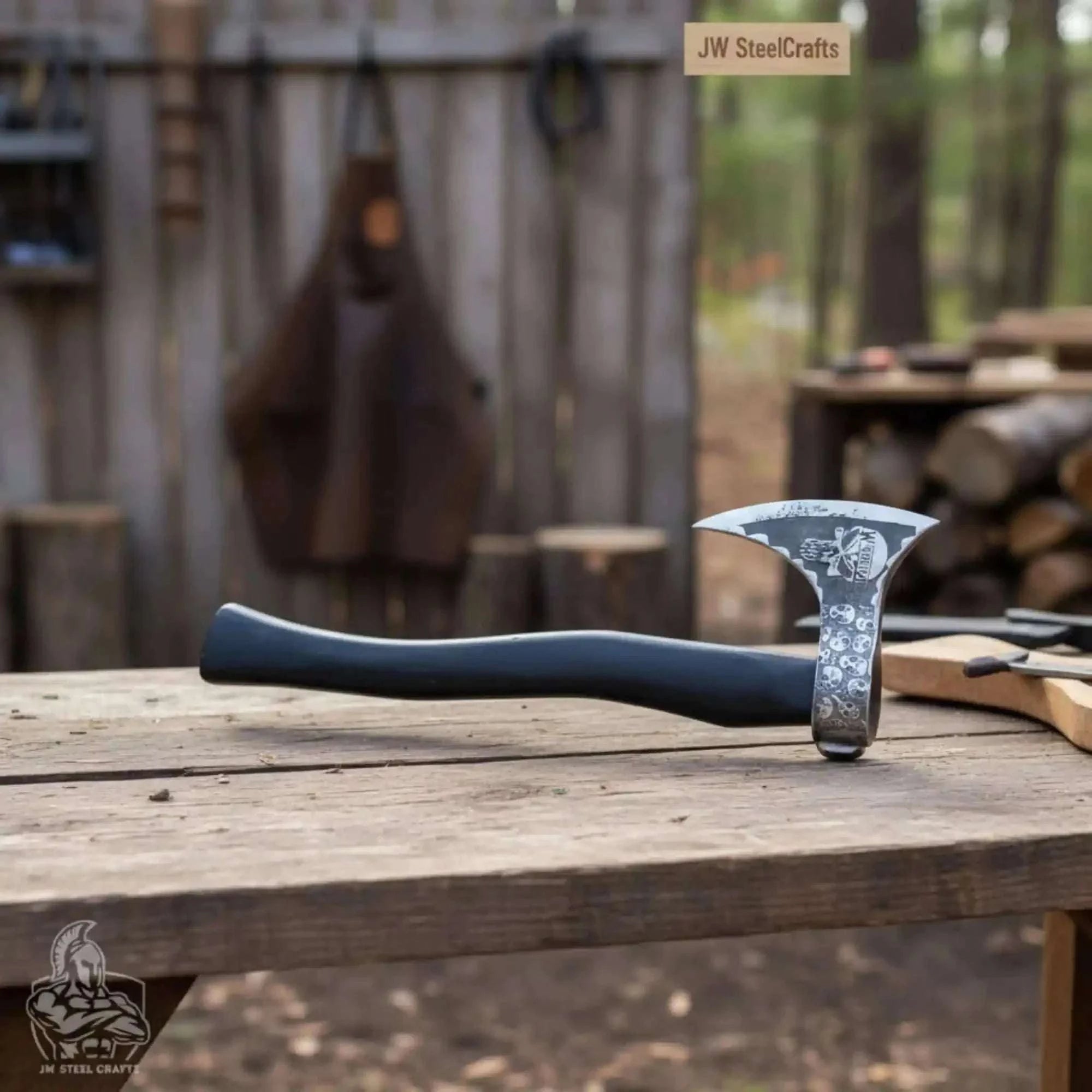 Palmarius Outdoors Hand-finished Bearded Axe – Detailed Etched Steel Head with Minimalist Black Handle Handmade Axe
