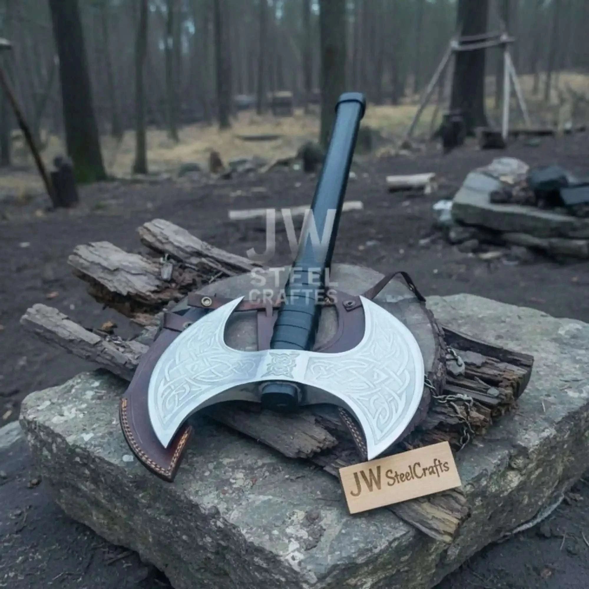Palmarius Outdoors Custom Handmade Double-Headed Viking Axe with Nordic Knotwork Engravings and Cord-Wrapped Handle Handmade Axe