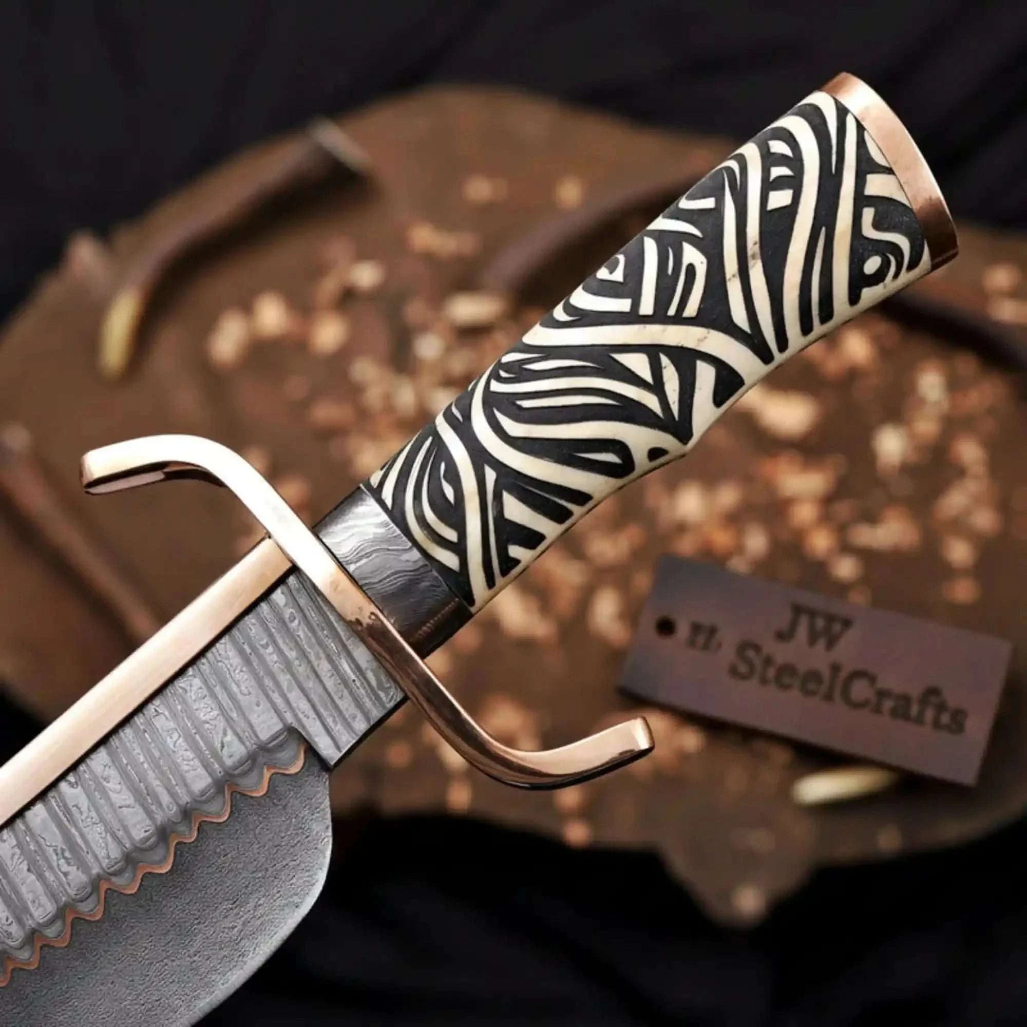 Palmarius Outdoors 12-Inch Copper Damascus Alamo Bowie Knife - Musso-Style Collector Blade Bowie Knife