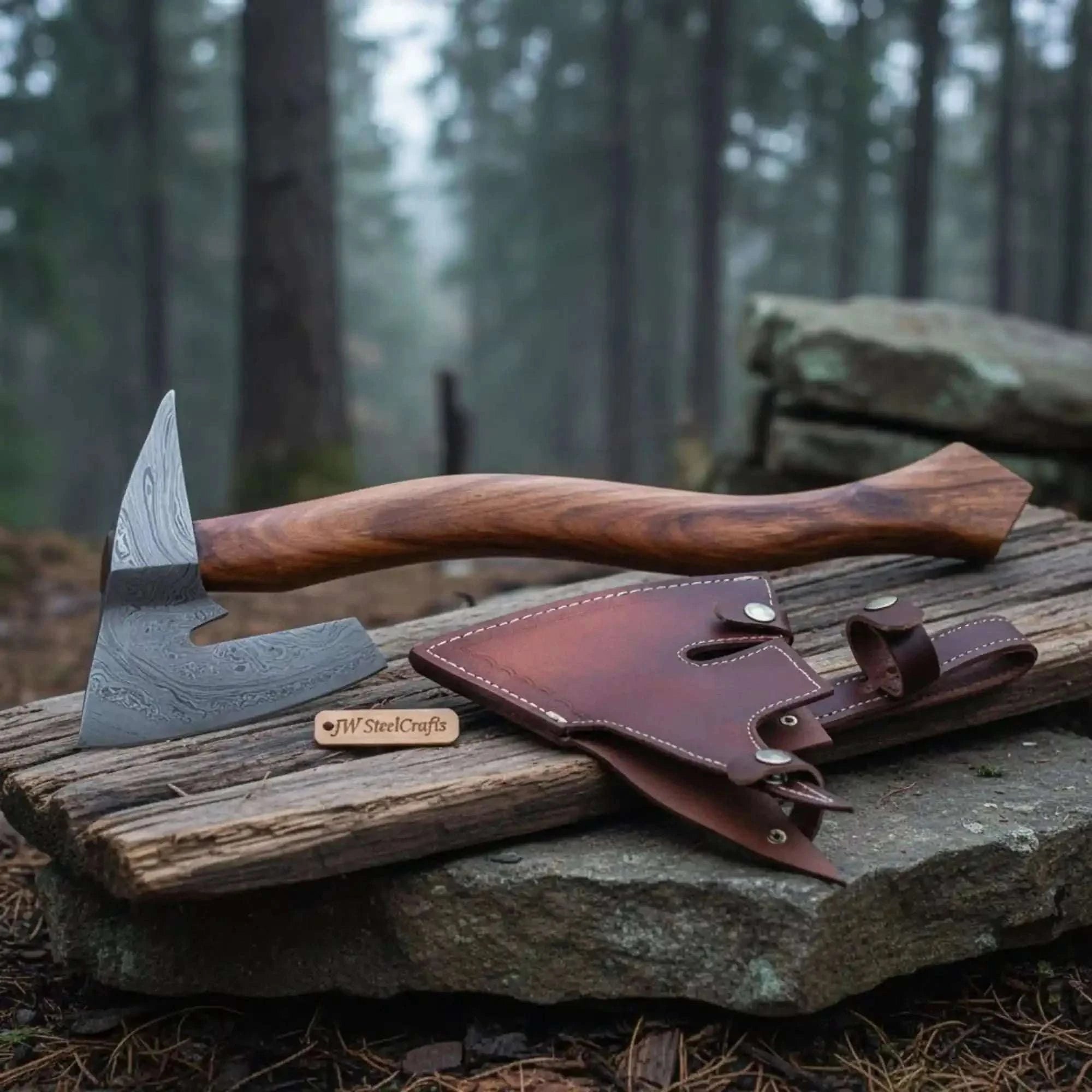 Palmarius Outdoors Arrowfen Bearded Spike Axe with Wood Grain Damascus Steel Head Handmade Axe
